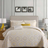 Yellow Grey Geometric Ogee Pattern Quilted 3‑Piece Bedding Set