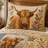H.PAI Highland Cow Floral Patchwork Quilted 3-Piece Bedding Set