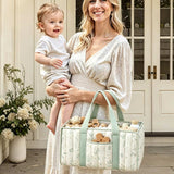 Quilted Sage Leaf Botanical Baby Diaper Caddy Organizer - Portable Nursery Storage Basket & Handheld Tote Bag for Baby Essentials