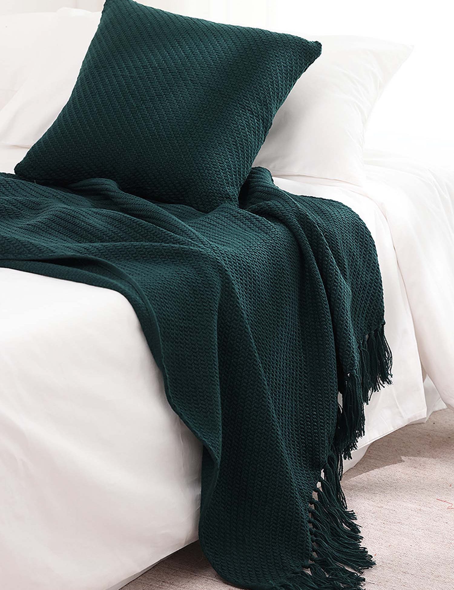 Textured Fringe Knitted Throw Blanket & Pillow Cover Set