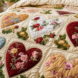H.PAI Vintage Heart Floral Quilted 3-Piece Bedding Set – Luxury Quilted Bedding with Matching Pillow Shams
