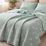 Vintage Sage Green Leaf Jacquard Quilted Throw Three‑Layer Gauze Cotton Blanket