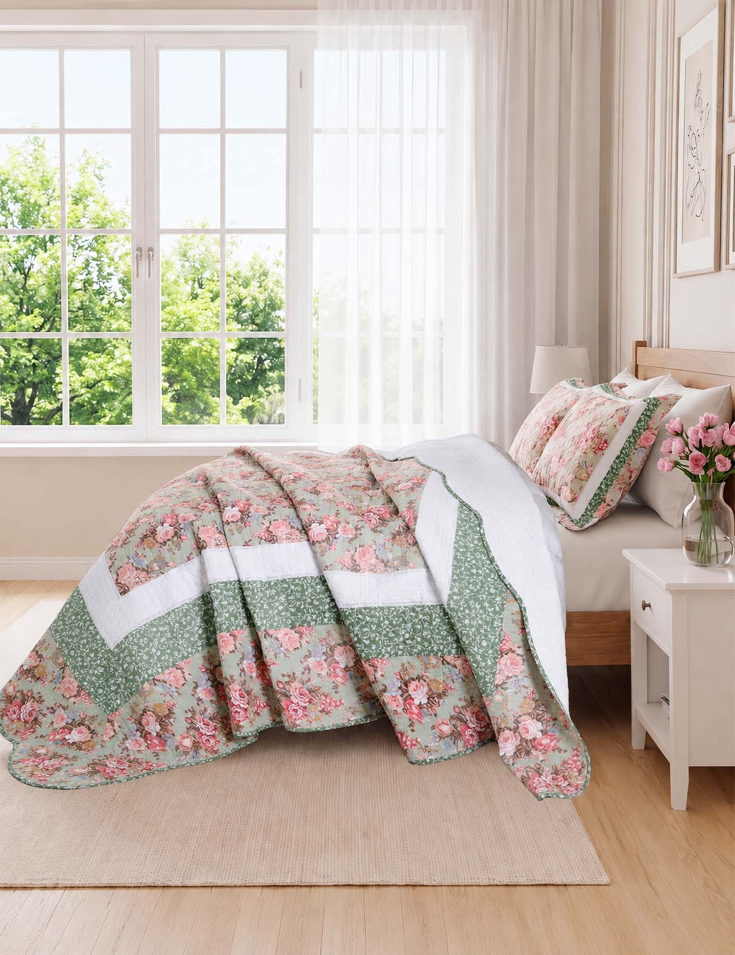 Vintage Rose Garden 100% Cotton Quilted 3-Piece Bedding Set