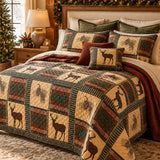 Rustic Christmas Deer & Plaid Quilted 3-Piece Bedding Set
