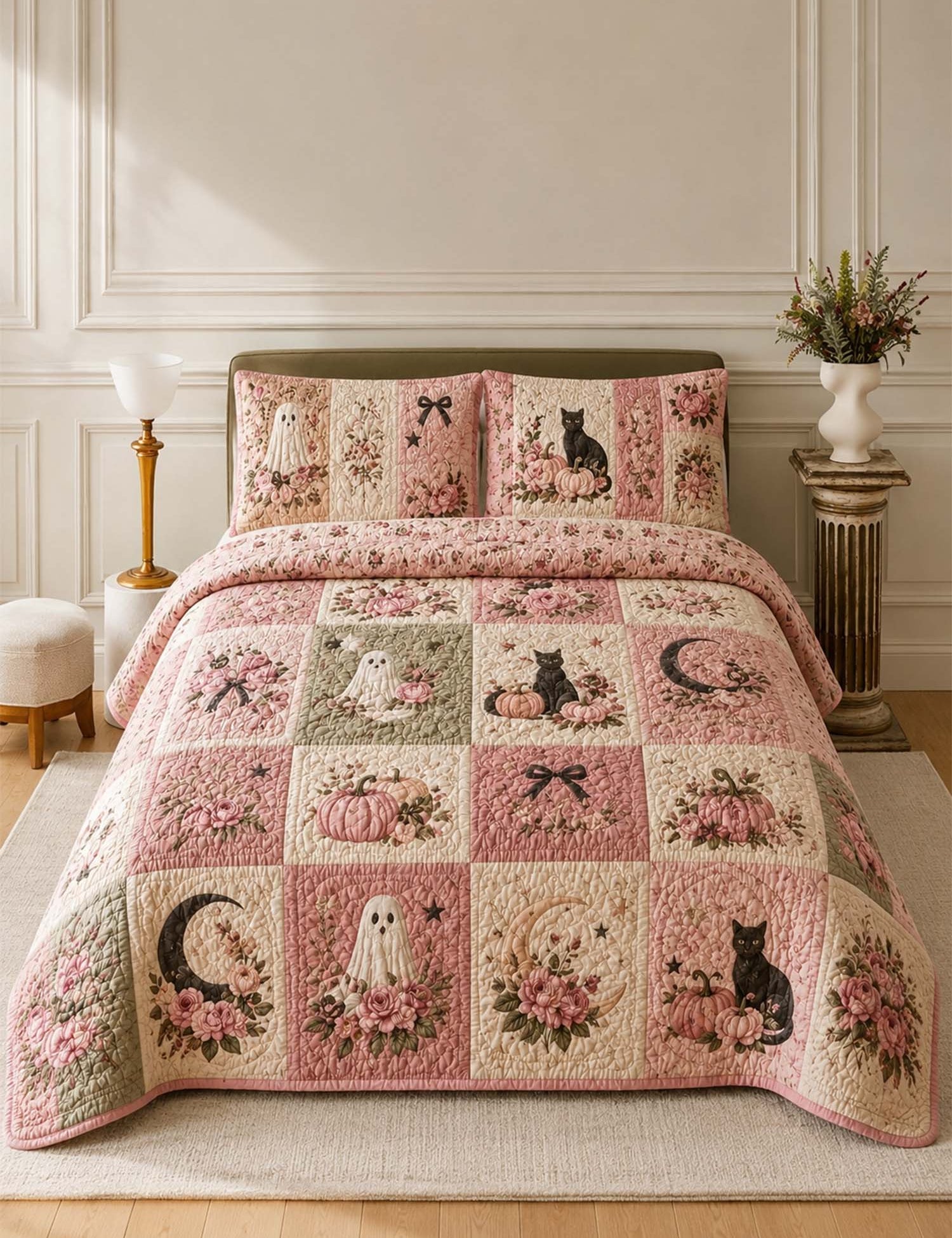 H.PAI Pumpkin Cat Ghost Garden Quilted 3-Piece Bedding Set
