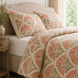 H.PAI Coral Botanical Bloom Quilted 3-Piece Bedding Set