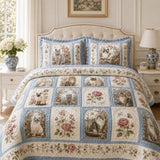 H.PAI Vintage Rose Cat Garden Quilted 3-Piece Bedding Set