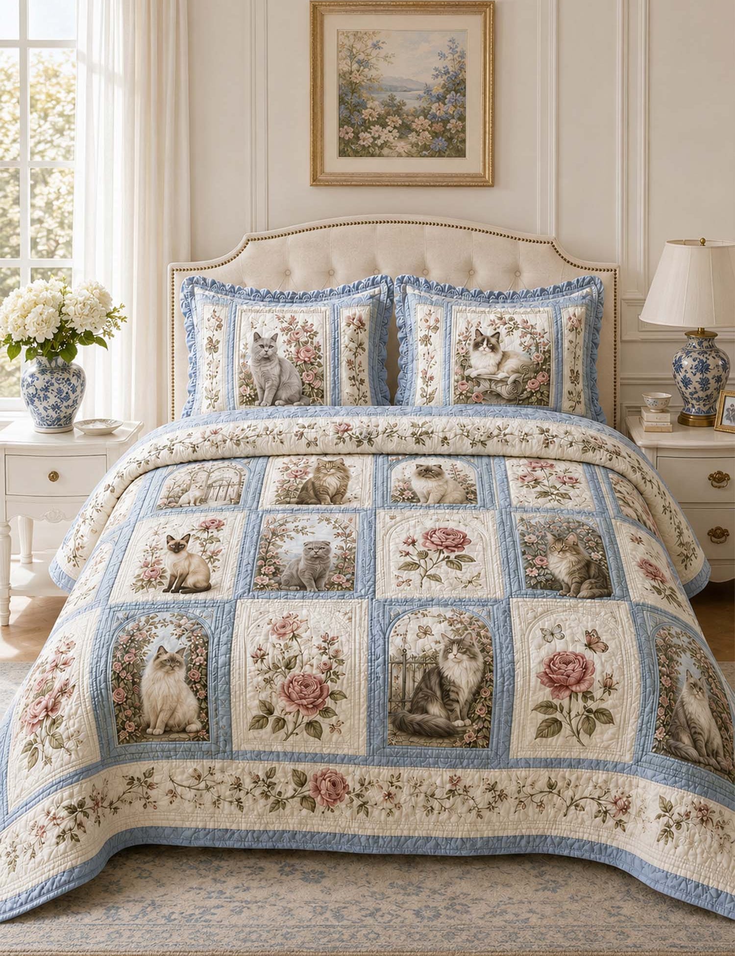 H.PAI Vintage Rose Cat Garden Quilted 3-Piece Bedding Set