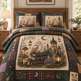 Woodland Owl Mushroom Crystal Castle Quilted 3‑Piece Bedding Set