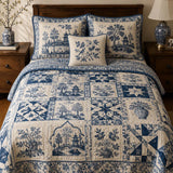 Blue Willow Floral Quilted 3-Piece Bedding Set – Luxury Quilted Bedding with Matching Pillow Shams