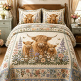 H.PAI Garden Highland Cow Gathering 3-Piece Quilted Bedding Set