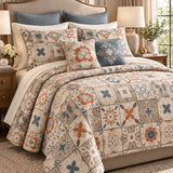 Terracotta Blue Mosaic Tile Patchwork Quilted 3-Piece Bedding Set