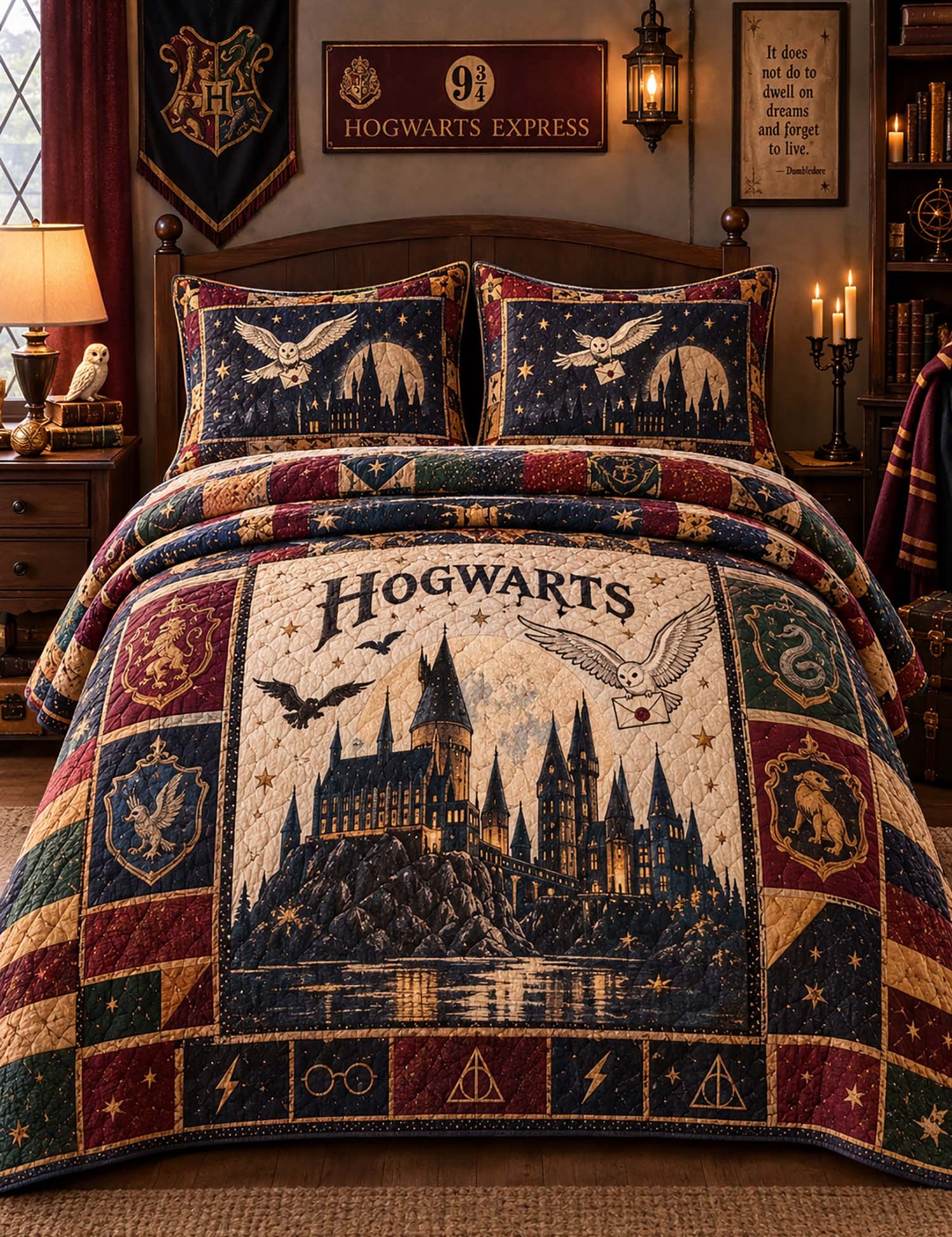 Fantasy Castle Heraldic Emblem Owl Star Quilted 3‑Piece Bedding Set