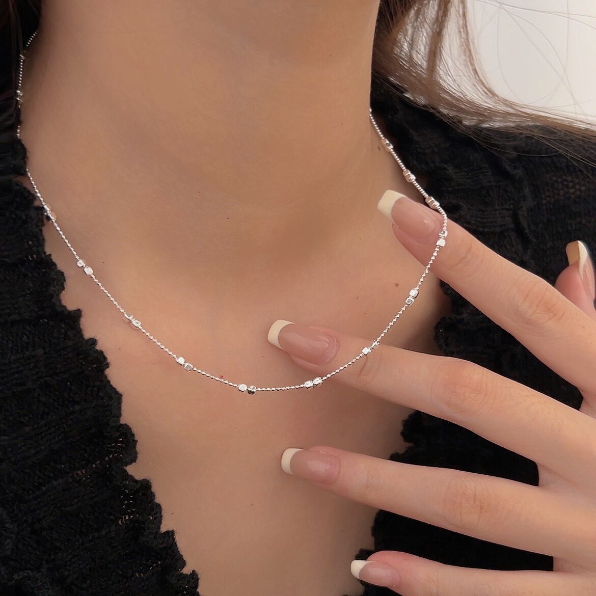 Sterling silver simple Italian square bead necklace