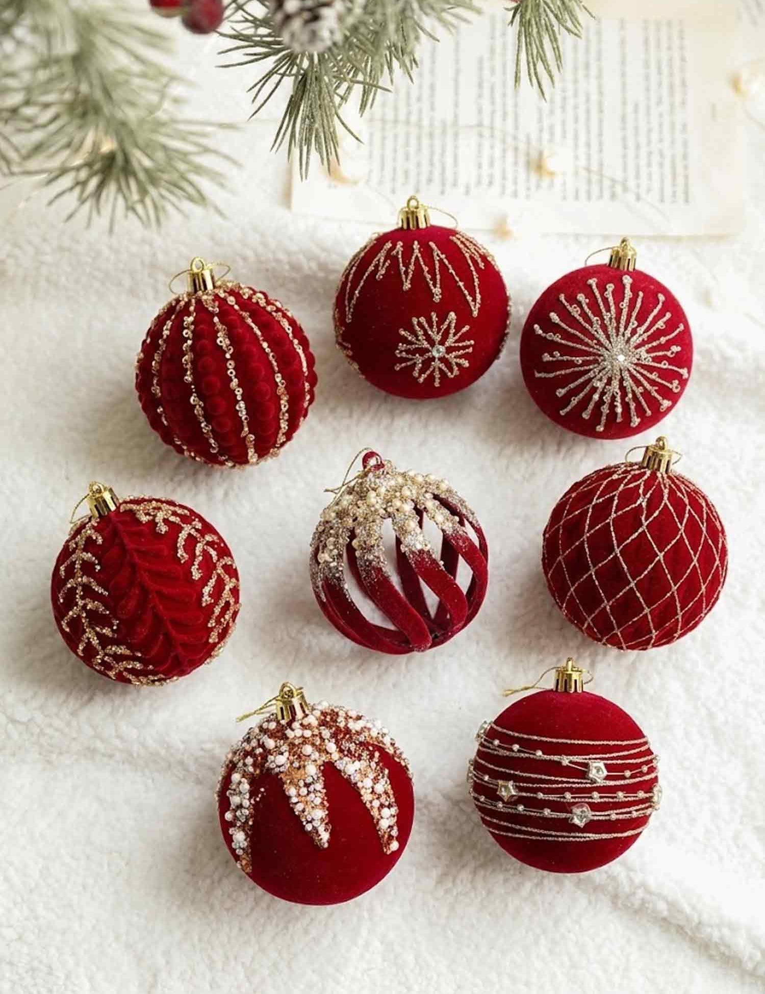 Burgundy Flocked Christmas Baubles, Glitter Hanging Ornaments