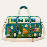 H.PAI Women's Quilted Duffle Bag - Retro 70s Hippie Van, Forest & Wildflower Travel Overnight Bag