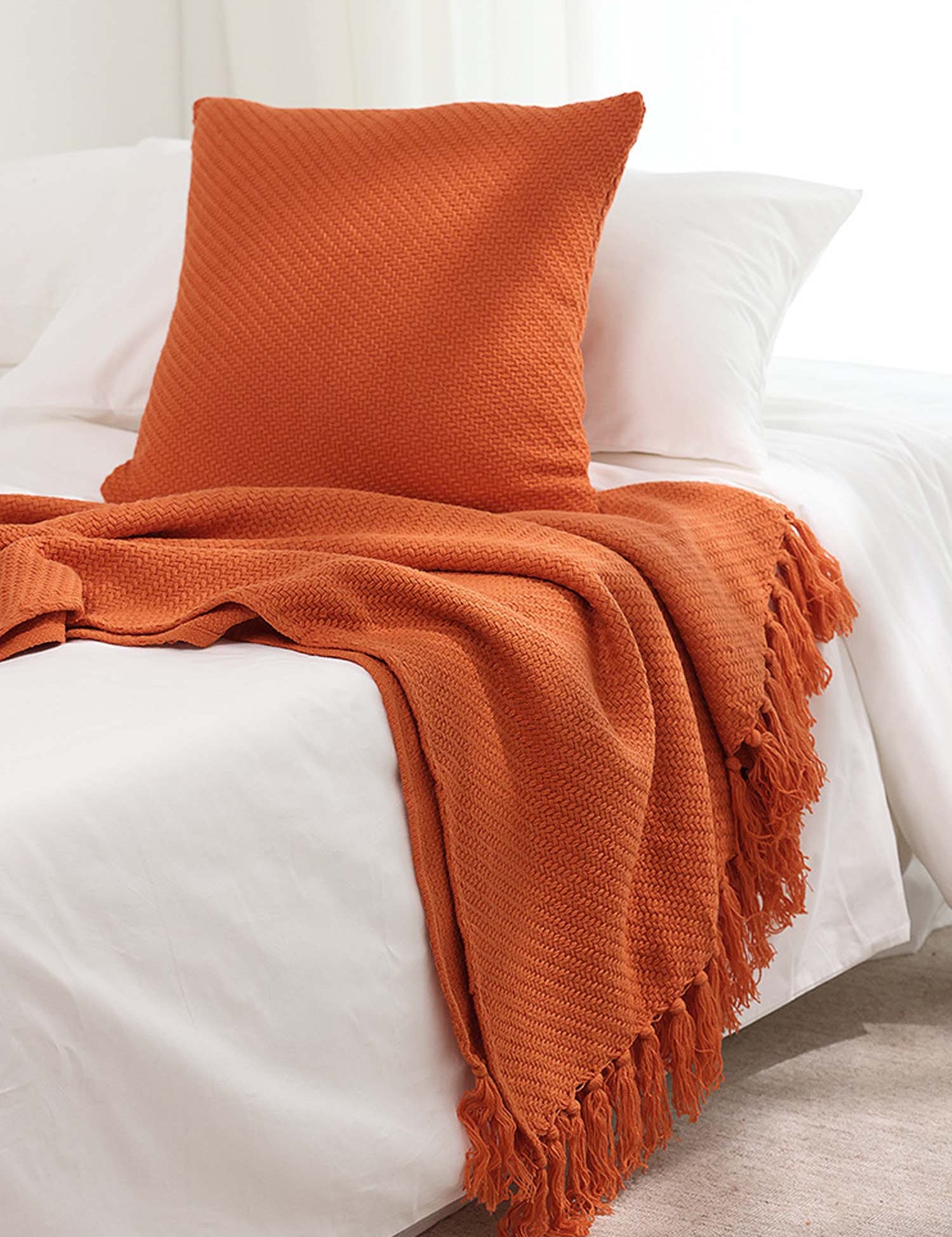 Textured Fringe Knitted Throw Blanket & Pillow Cover Set