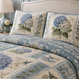 Blue Hydrangea Quilted 3-Piece Bedding Set – Classic Americana Quilted Bedding With Matching Pillow Shams