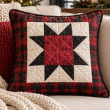 Vintage Christmas Red & Black Star Plaid Quilted Pillow Cover