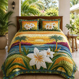 H.PAI Tropical Plumeria Floral Quilted 3-Piece Bedding Set – Luxury Quilted Bedding with Matching Pillow Shams