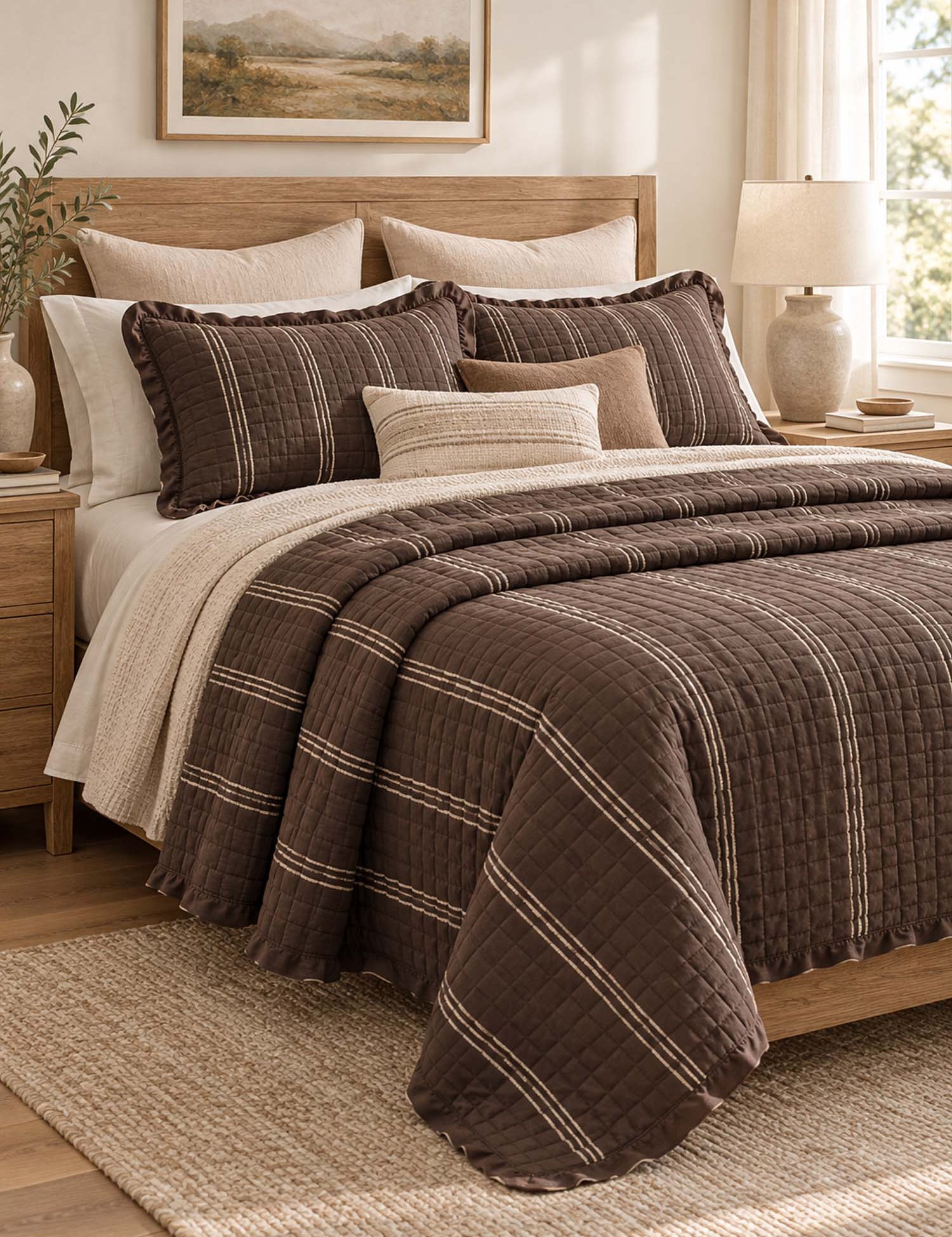 Stripe Ruffle Jacquard 100% Cotton Reversible Quilted 3-Piece Bedding Set